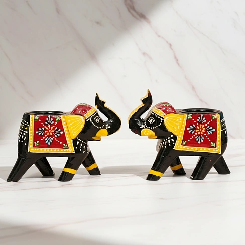 ELEPHANT WOODEN T LIGHT BLACK