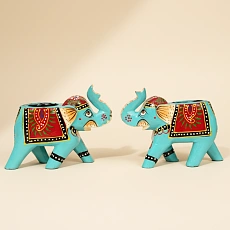 ELEPHANT WOODEN T LIGHT BLUE